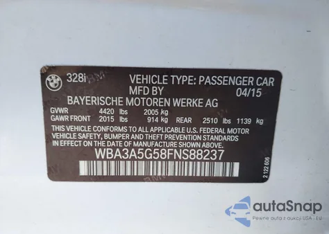 2015 BMW 328I z USA, uszkodzony, nr VIN WBA3A5G58FNS88237